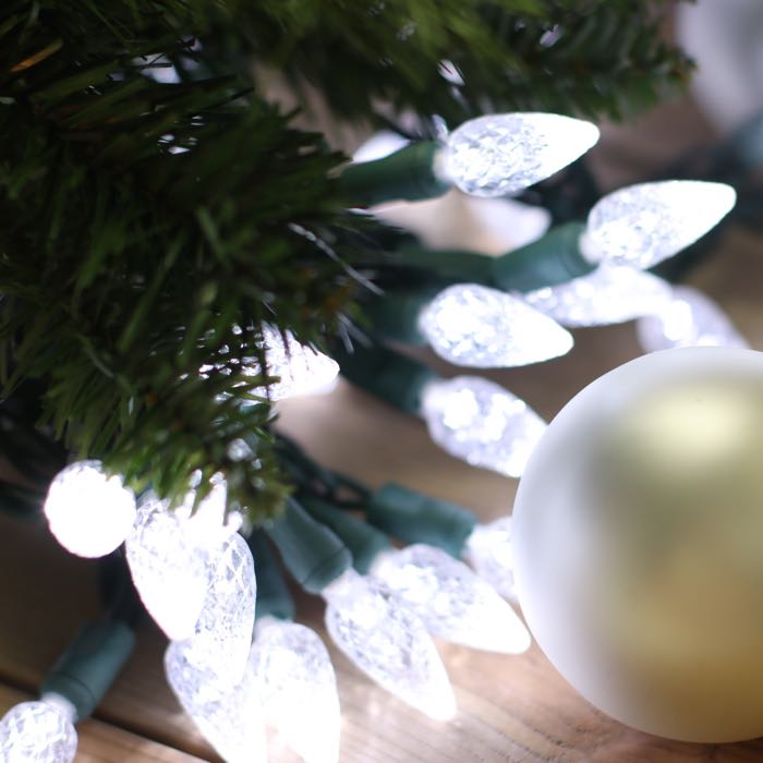 C6 Pure White LED Christmas Lights on Green Wire